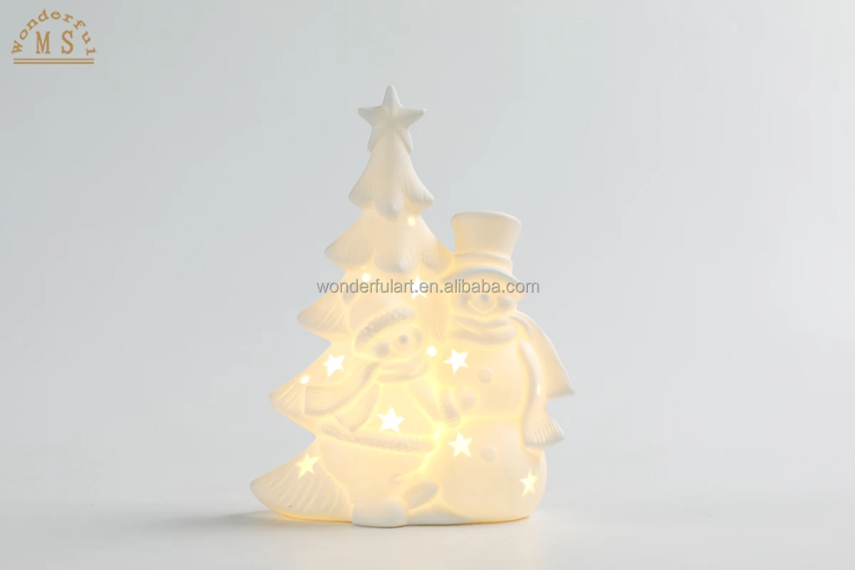 White snowman xmas tree with solar light Christmas porcelain statue winter gifts for home decoration