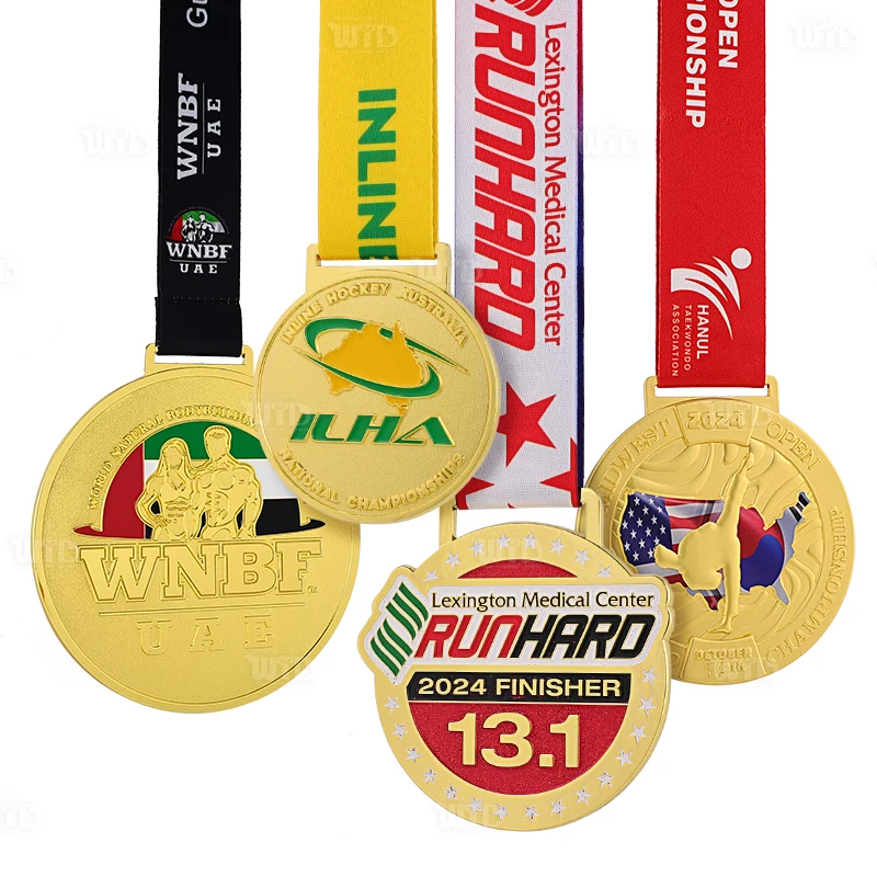 Medalha Metálica Esportiva Personalizada de Fábrica com Fitas, Hóquei, Musculação, Maratona, Corrida, Taekwondo, Medalha de Prêmio Dourada 3D Personalizada