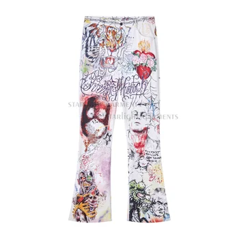 DTG printing retro painting graffiti all over printing jeans flared men's jeans heavy weight denim pants custom logo OEM/ODM