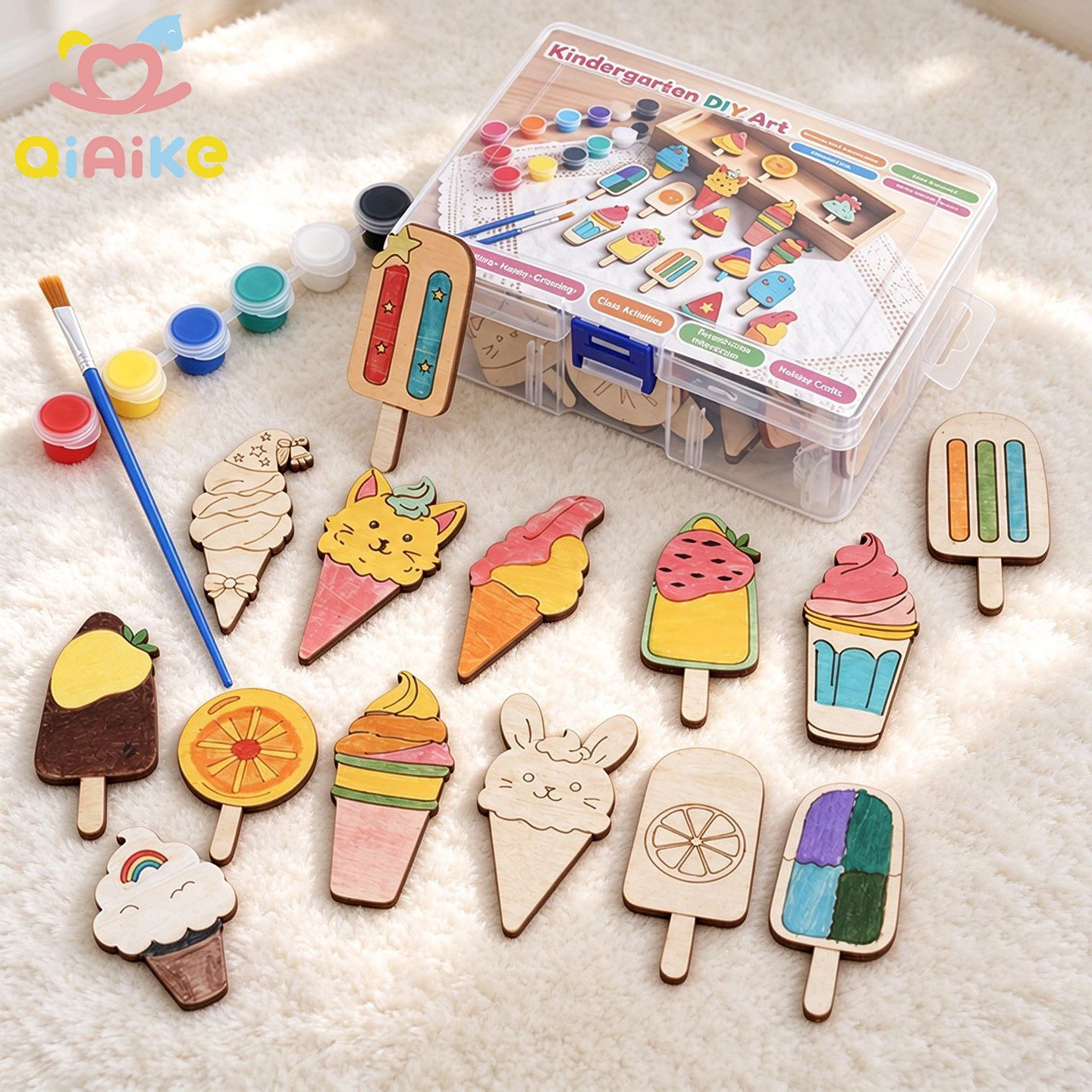 Vente en gros — Kit créatif en bois pour enfants : Peinture artisanale de glaces, tranches de bois non finies découpées en formes d’art, jouet avec peintures acryliques, fabrication sur mesure (OEM/ODM)
