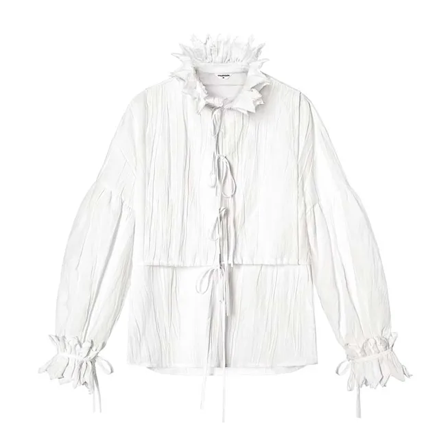 VALLEYOUTH Soak up white French pleated cotton linen retro court style dismantled ruff collar white shirt