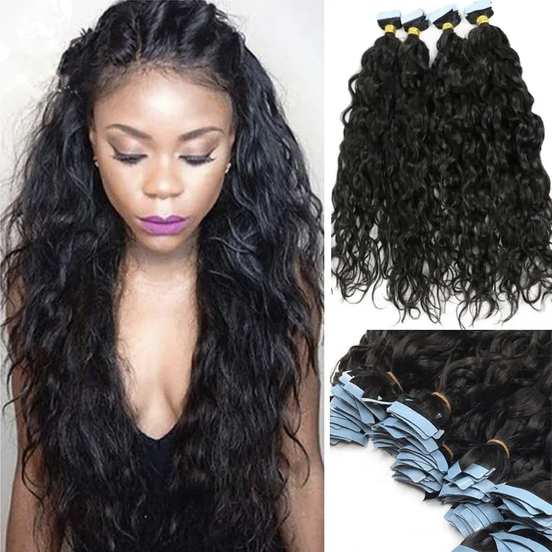 Extension per capelli umani con nastro a onde sciolte, 100 g, 40 pezzi, colore naturale brasiliano Remy_voghion.com