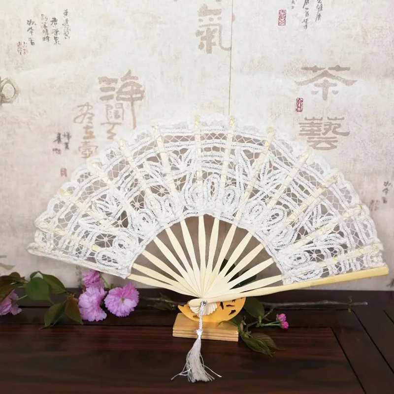 Factory High Quality Decoration Cotton Fabric Wedding Fans for Guests Bamboo Fan Hand Fan