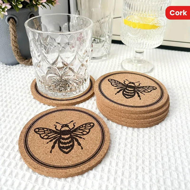 Natural Cork Coaster With Bee Print Eco Friendly Heat Resistant Drink Cup Mat product detail 1