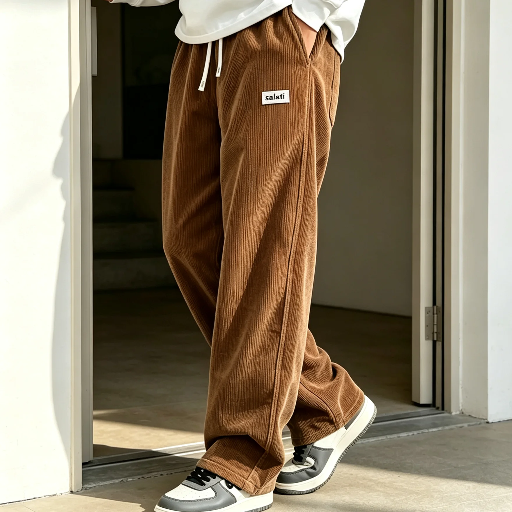 New Men Heavyweight Cotton Knitted High Waist Pleated Front Waterproof Wide Leg Casual Pants Elastic Drawstring Waist Trousers gallery 3