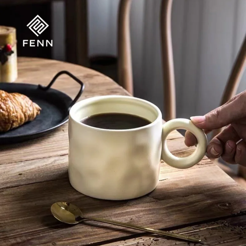 FENN Wholesale Vintage Simple Ceramic Mug Custom Pottery Mug Milk Cup with Round Ear Handle Business Coffee Cup and Gift Mug