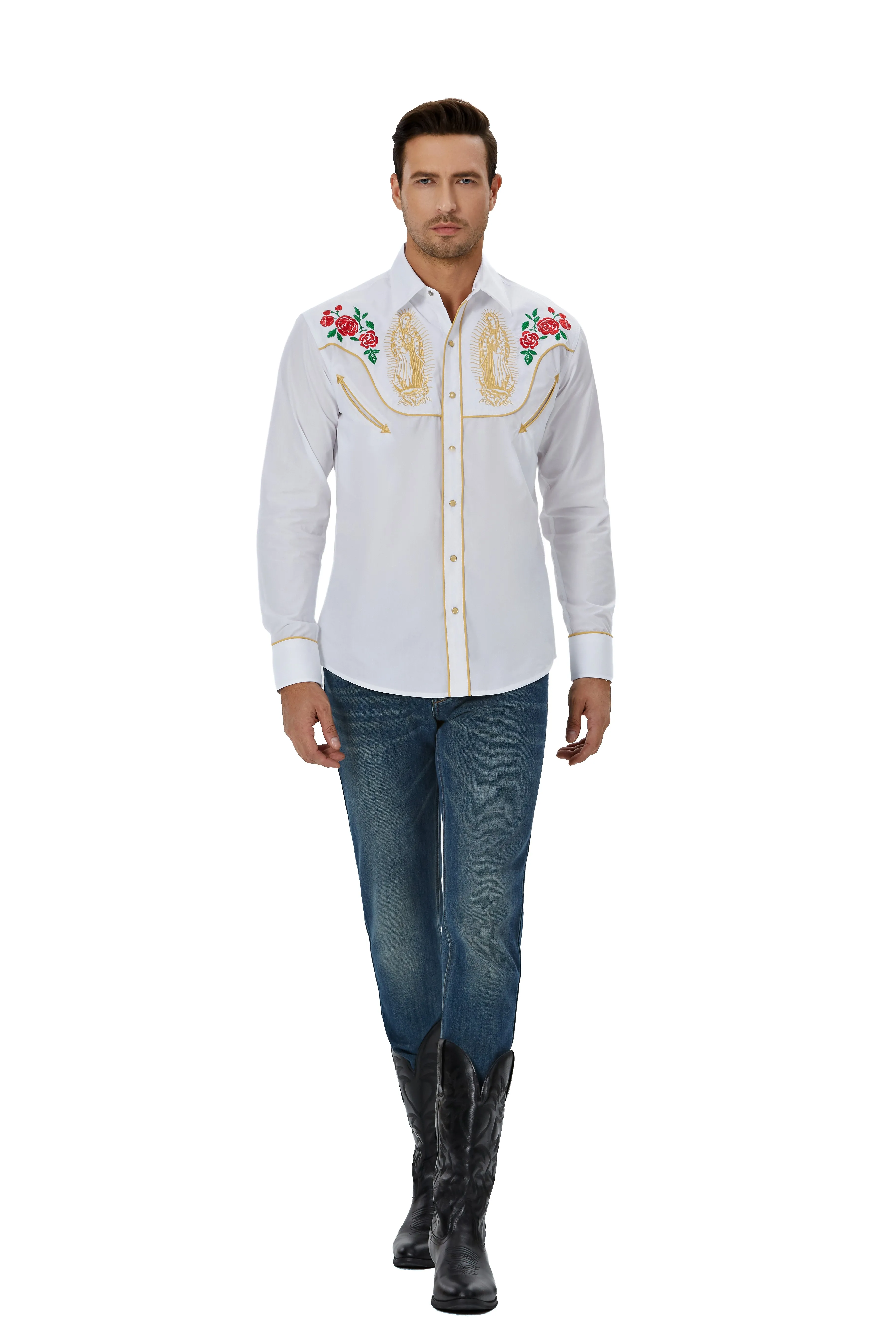 Herren-Langarmhemd mit Druckknopfverschluss „Lady of Guadalupe“-Stickerei im Westernstil908_voghion.com