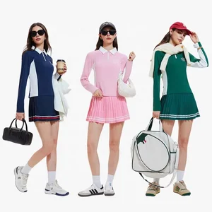 High Quality Fall Casual Outfit Long Sleeve Zip Front Belted Top Mini Tennis Skirt Womens Two Piece Set