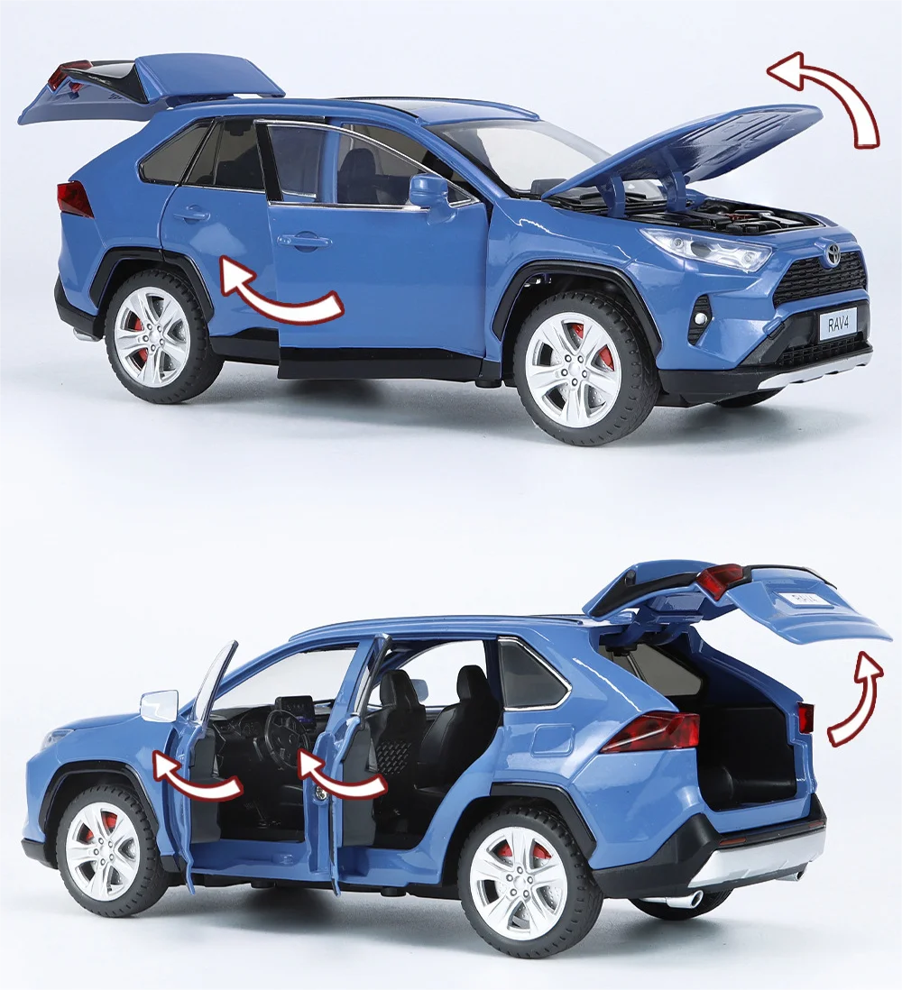 PANDAS 1/24 Scale Diecast Toyota RAV4 Car Model Pullback Door Open Sound & Light Decoration Alloy Collection Car Toys