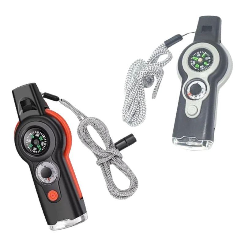 Portable 7-in-1 Outdoor Survival Whistle With Compass Thermometer LED Light  Magnifying Glass & Mirror for Emergency Safety