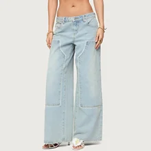 Female Lace Trim Light Blue Washed Denim Jeans 14oz Loose Fitting Denim Trousers Double Knee Patch Wide Leg Baggy Jeans