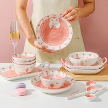 Cute Nordic Design Strawberry Rabbit Bunny Tableware Set Glazed Pink Ceramic Dinner Plate Bowl Home Party Wedding Included Spoon