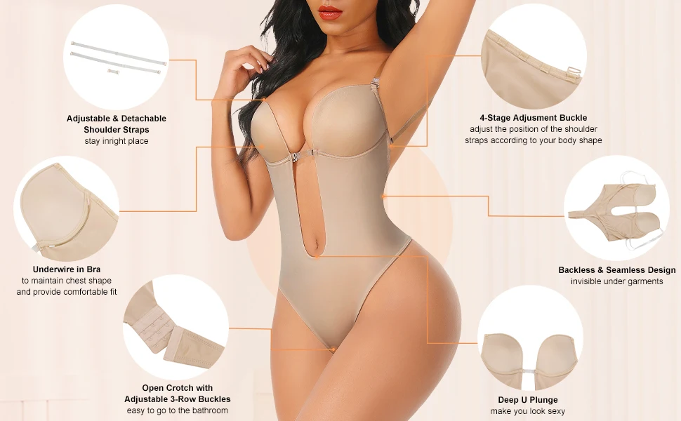 Invisible Built In Bra Bodysuit Backless Shapewear U Plunge Shape Seamless Tummy Control Thong 5715