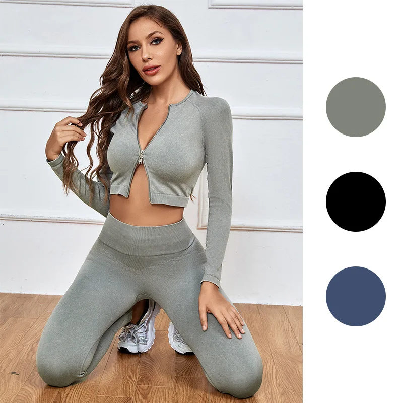 Women's Double Zipper Long-Sleeved Yoga Suit Adjustable Cross-Over Bra High-Waist Hip-Raising Trousers Three-Piece sports Set