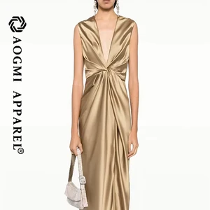 AOGMI Haute Couture Luxury Fashion Ladies Sleeveless Pleated Taffeta Sheath Floor-Length Dress 100% Silk