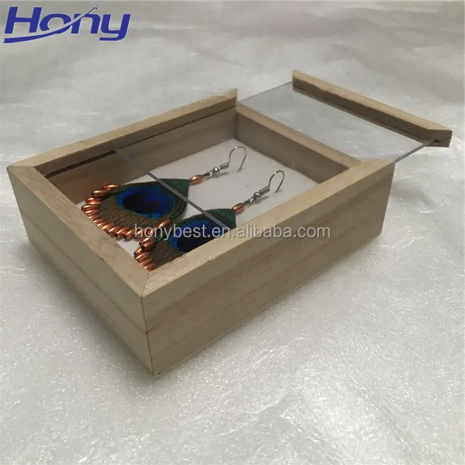 Clear Lid Pine Wood Storage Boxes Gift With Sliding Cover Wooden