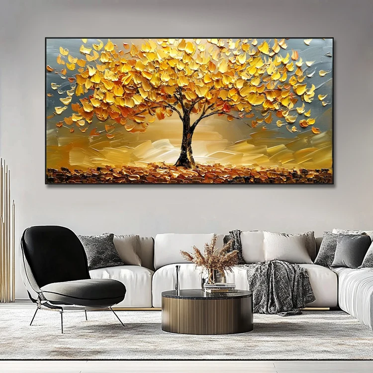 Living Room Handmade Acrylic Contemporary Textured 3D Wall Art Decor Landscape Golden Tree Painting