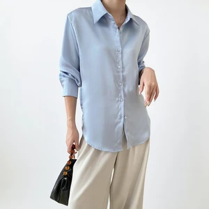 Custom Women's Elegant Satin Button-Down Shirt, Loose Fit for Office and Casual Wear