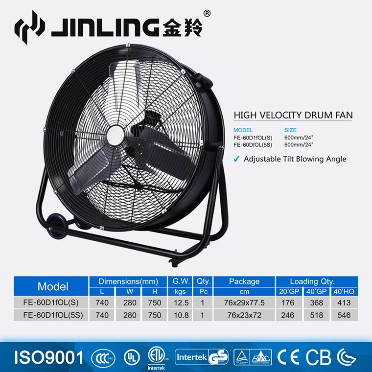 24'' 600mm Portable Quiet Heavy Duty Garage Cool air Shop Warehouse Industrial Blower Drum Fan 110V 120V