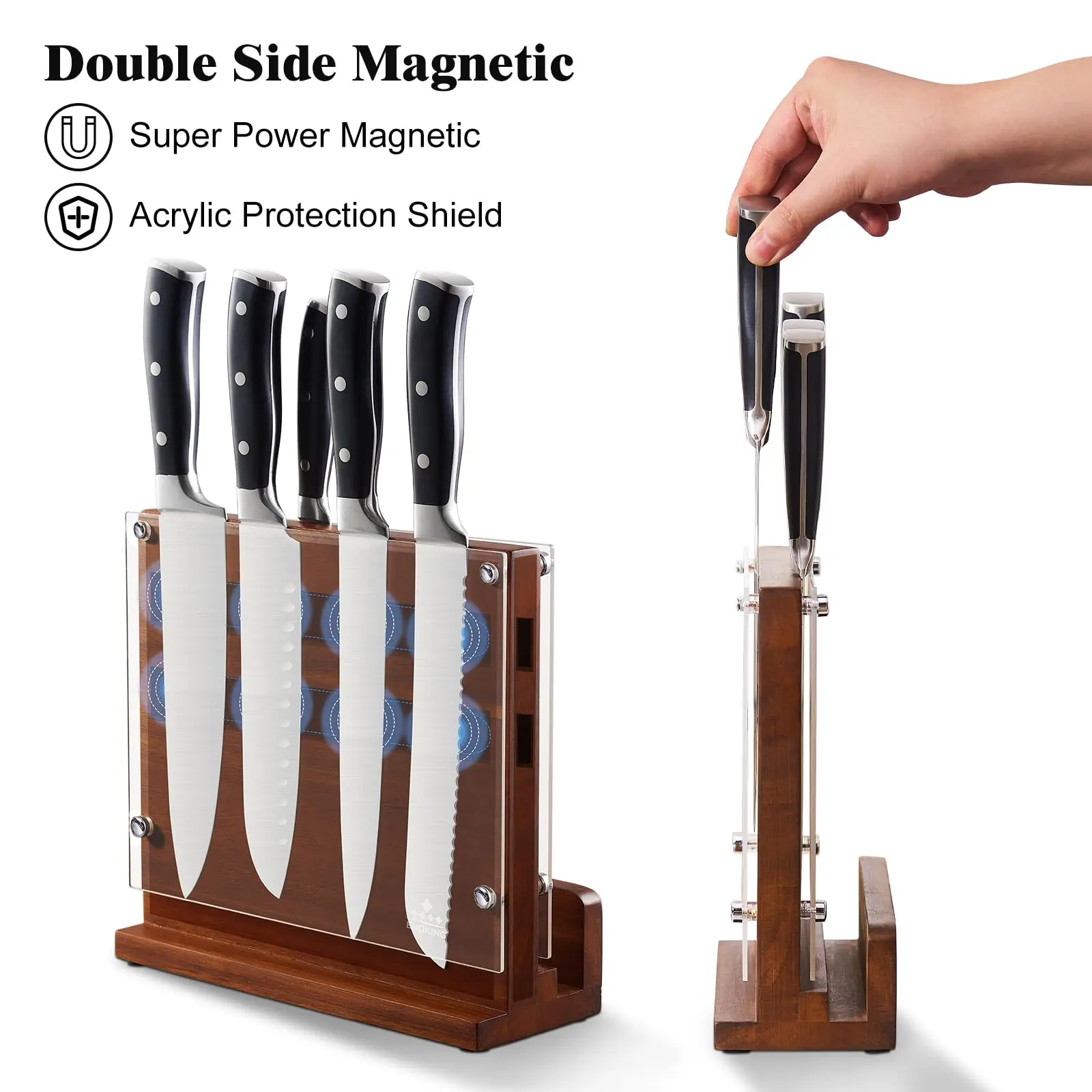 Magnetic Knife Block with Acrylic Shield, Double Side Kitchen Knife Holder Without Knives- Acacia Wood Universal Storage
