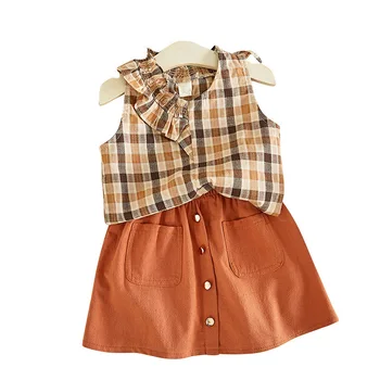 Summer Boutique Girl Kids Baby Clothing Sets Clothes 2pcs Cheap Children Clothes Sleeveless Plaid Shirts Top And Dresses