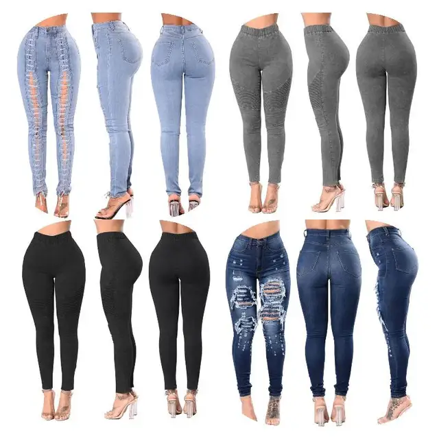 Black Demin Jeans Women Washed Distressed All Over Print Woman Jeans High Quality