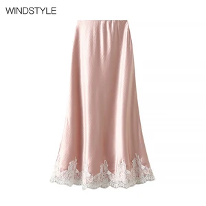 Women's Fashion Skirt Lace Stitching Summer Empire Waist Long Drape Short Length Glossy Knitted Print