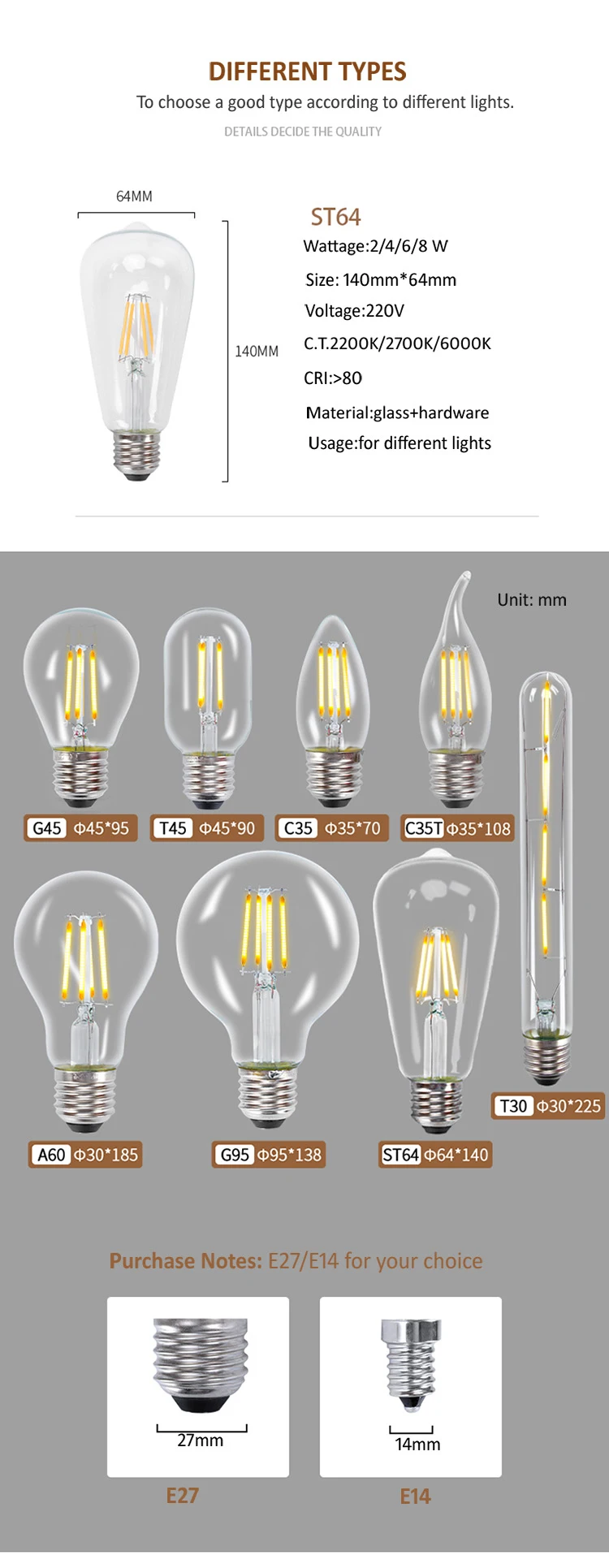 LED Filament Light Bulb E14 E12 E27 B22 C35/A60 Vintage Candle Flame 2/4/6/8W 