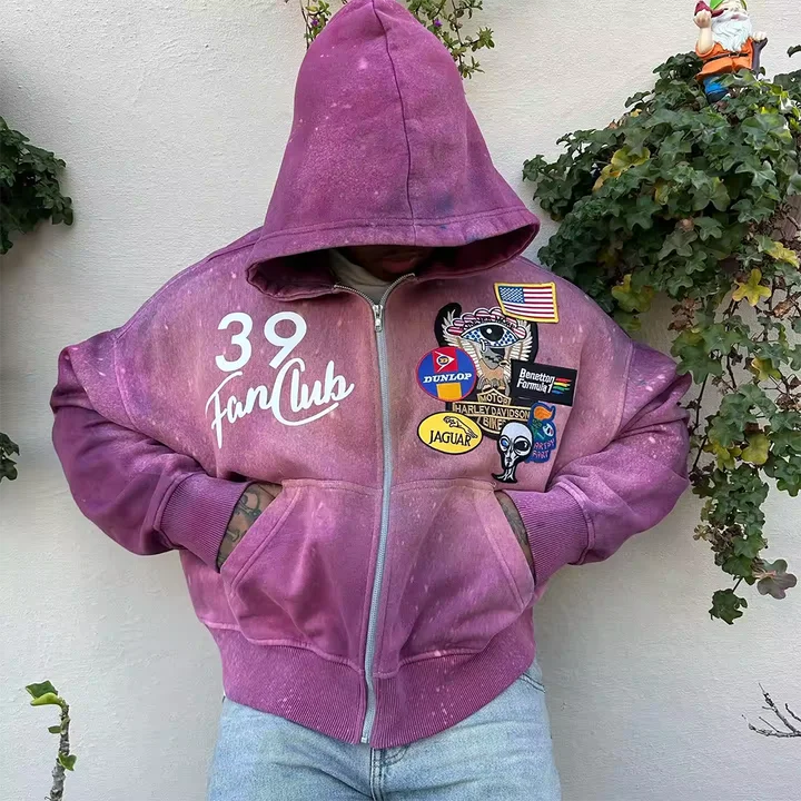 Custom Embroidery Men Heavyweight Sun Faded Zip-Up Hoodie with Embroidered Chenille Patch Applique Boxy Design for Winter Season gallery 7
