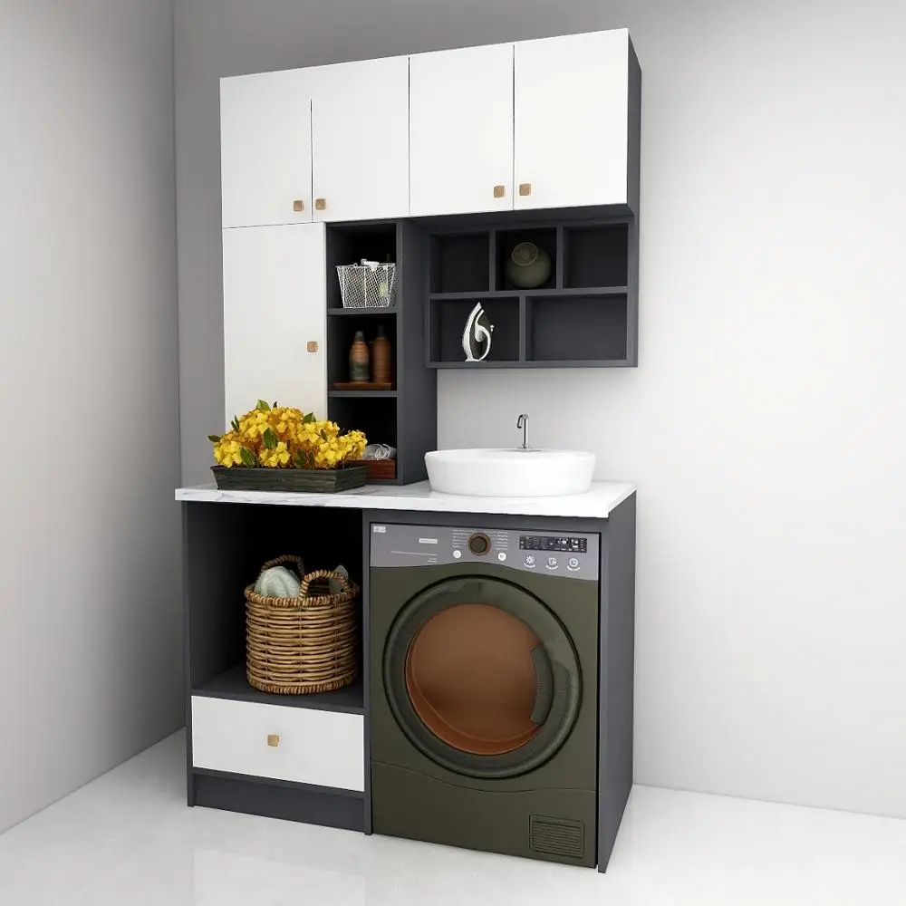 Balcon, washing machine, one cabinet, companion, bathroom, vanity, sink, basin, cabinet combination