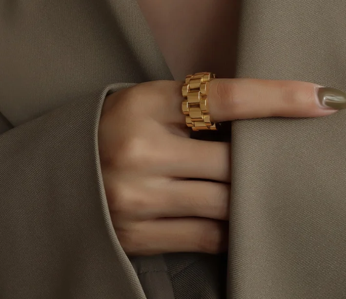 Cuban Chain Link Ring Dainty Stacking Jewelry Stainless Steel Bold Dome Ring 18K Gold Plated Wide Watch Band Ring