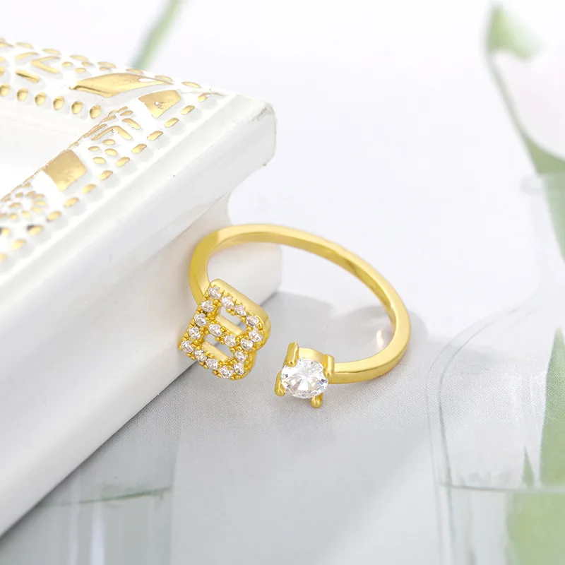 RSM005 Adjustable Stainless Steel Finger Ring with Gold Plated Oval Cut Diamond Initial Initial 'A' Ring