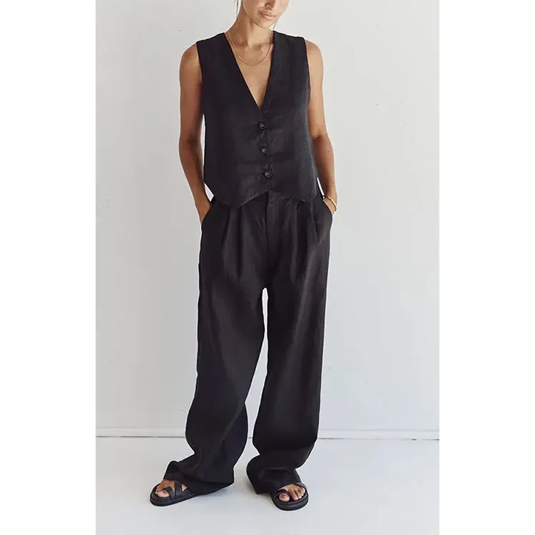 Casual Solid Lapel Vest \u0026 Pants Cotton Linen Two-piece Set