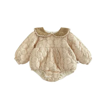infants double-layer yarn flower lapel cotton-padded warm-keeping romper baby girl fashion beige print  outwear