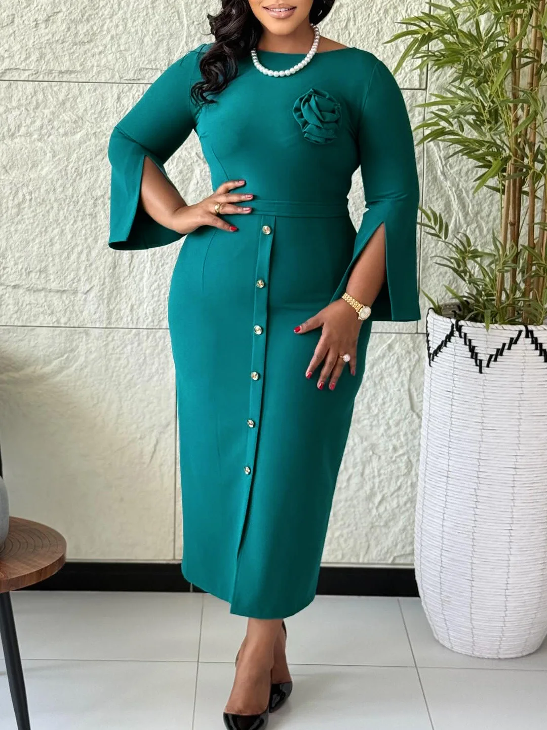 2026 Elegant Classy Church Dresses Women O Neck Flare Sleeve Flower Button Slim Africoan Office Lady Work