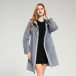 Selling Custom Size Real Rex Rabbit Skin Double-sided Hooded Long Women's Fur Coat