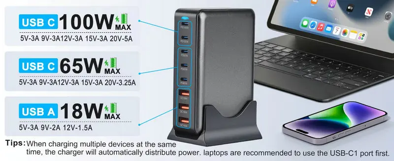 440W GaN台式充电器8端口USB C型PD 100W快速集线器充电器3.0 USB C型手机440W USB电源充电器站