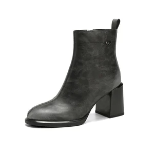 Moncheer Women's Grey Block Heel Ankle Boots Elegant Almond Toe Short Boot with Side Zipper & Stable Square Heel