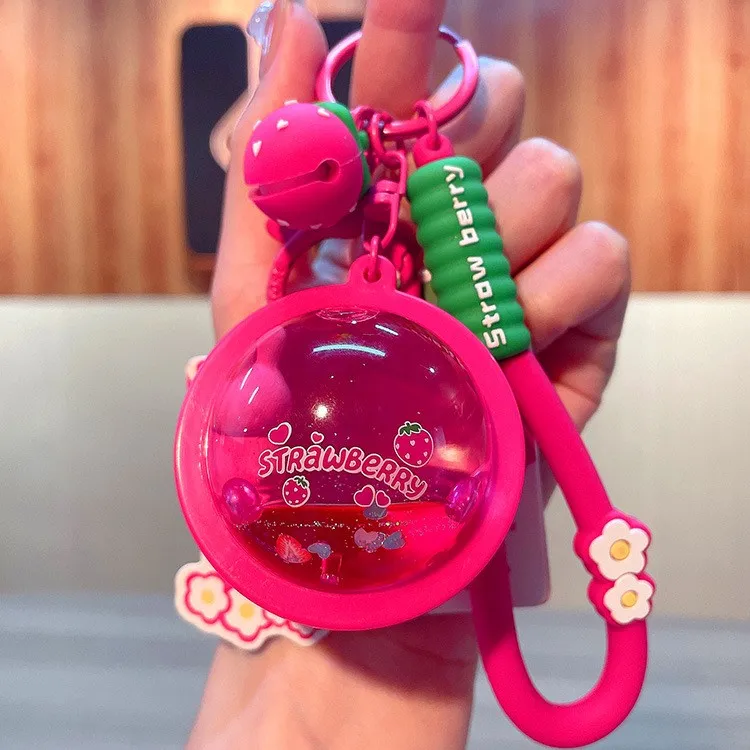 Hecion Strawberry Rabbit Oil Floating Water Key Chain Acrylic Quicksand