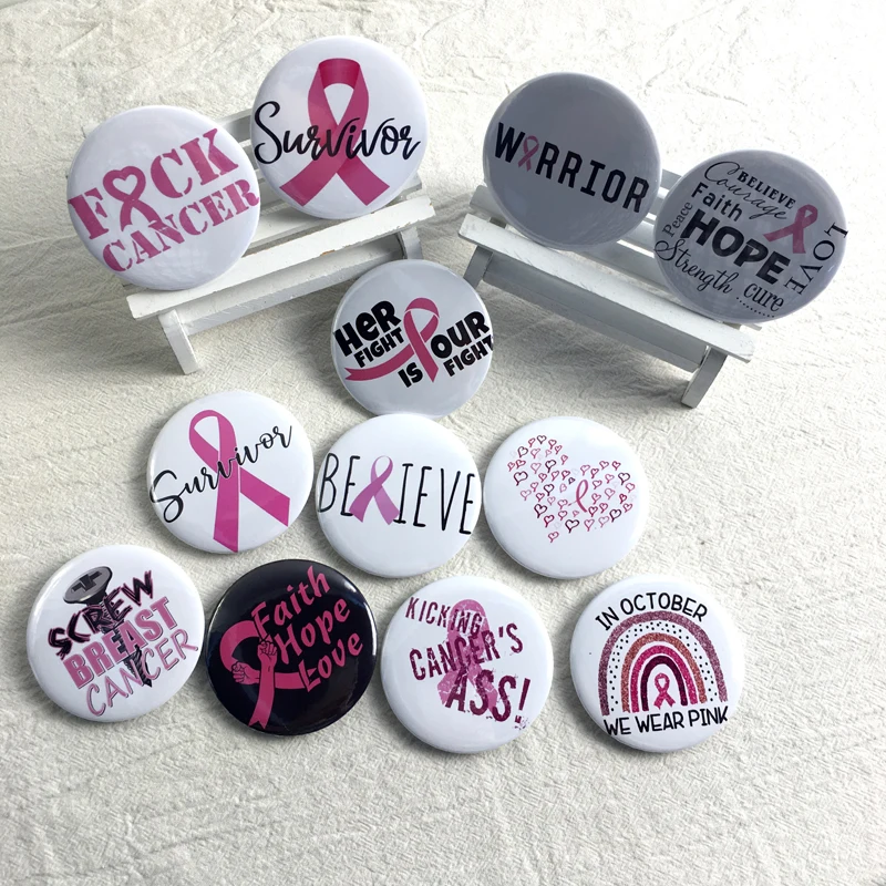 Pink Awareness Ribbon Set of 12 Pin back buttons 1 inch Cute gift Free Shipping 