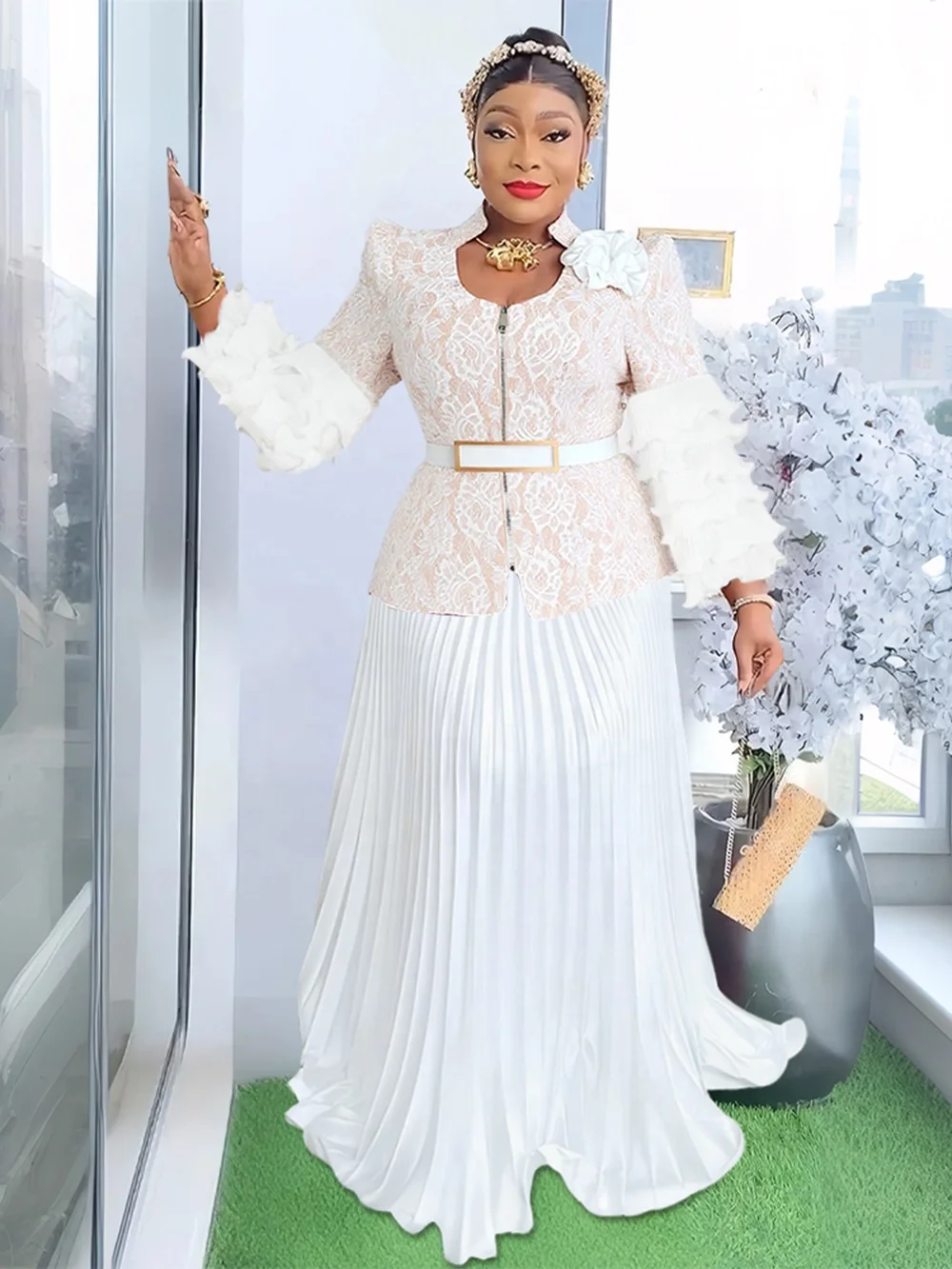 Modest High Quality Rich Elegant Evening Party Banquet Skirt Set Two Pieces  Clothes Layers Sleeves Maxi Dresses for Women K0927
