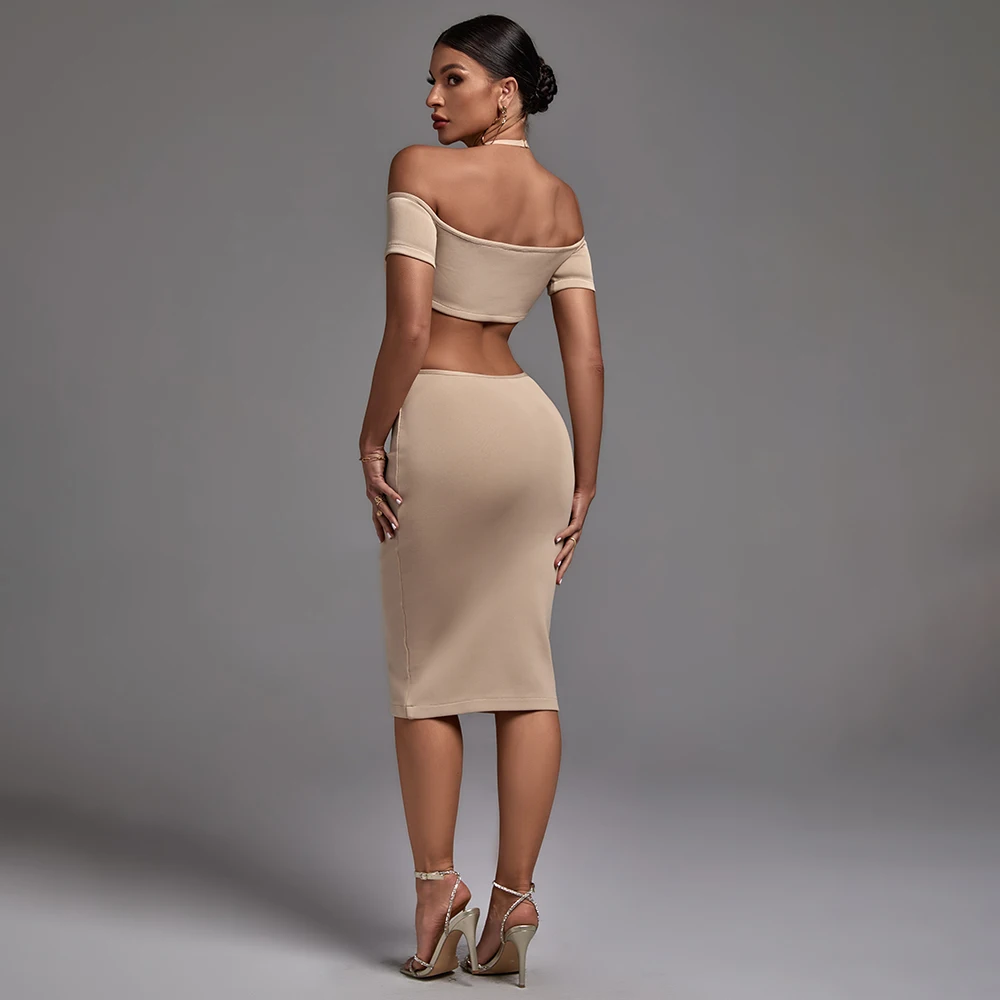 Summer Chic Dress Women Casual Fashion Halter Cut Out Midi Dress Backless Solid Color Off the Shoulder Dress