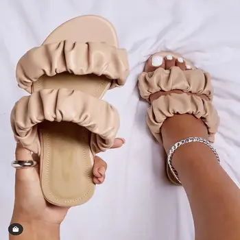 2021 candy women's PU slides fashion flat wholesale cheap ladies sandals casual comfortable pleated pretty leather women slipper