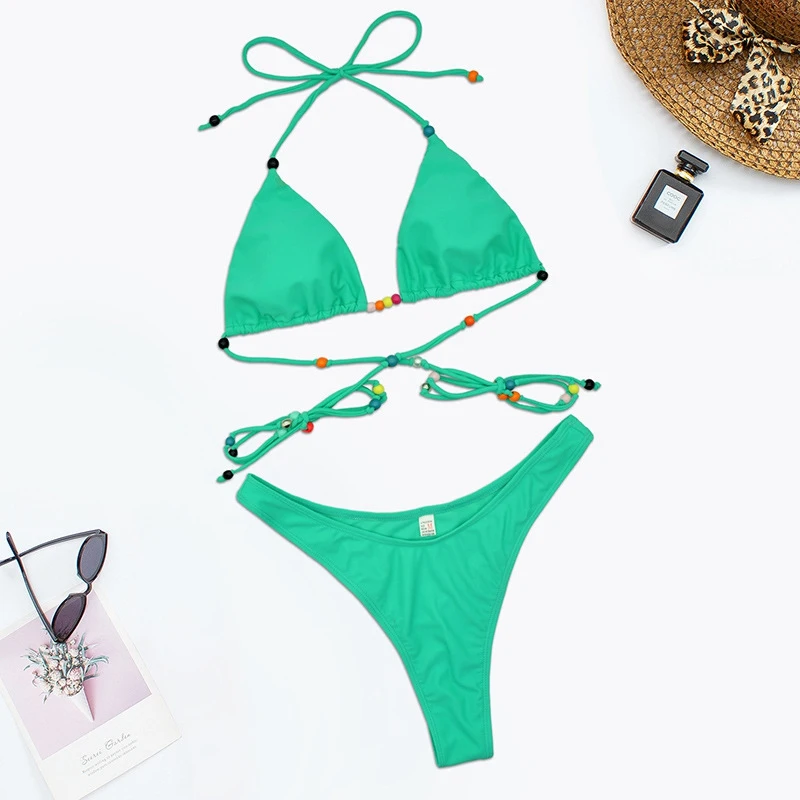 2022 Sexy String Bikini Bandage Cross Swimsuit Women Solid Swimwear V Waist Bathing Suit Micro 