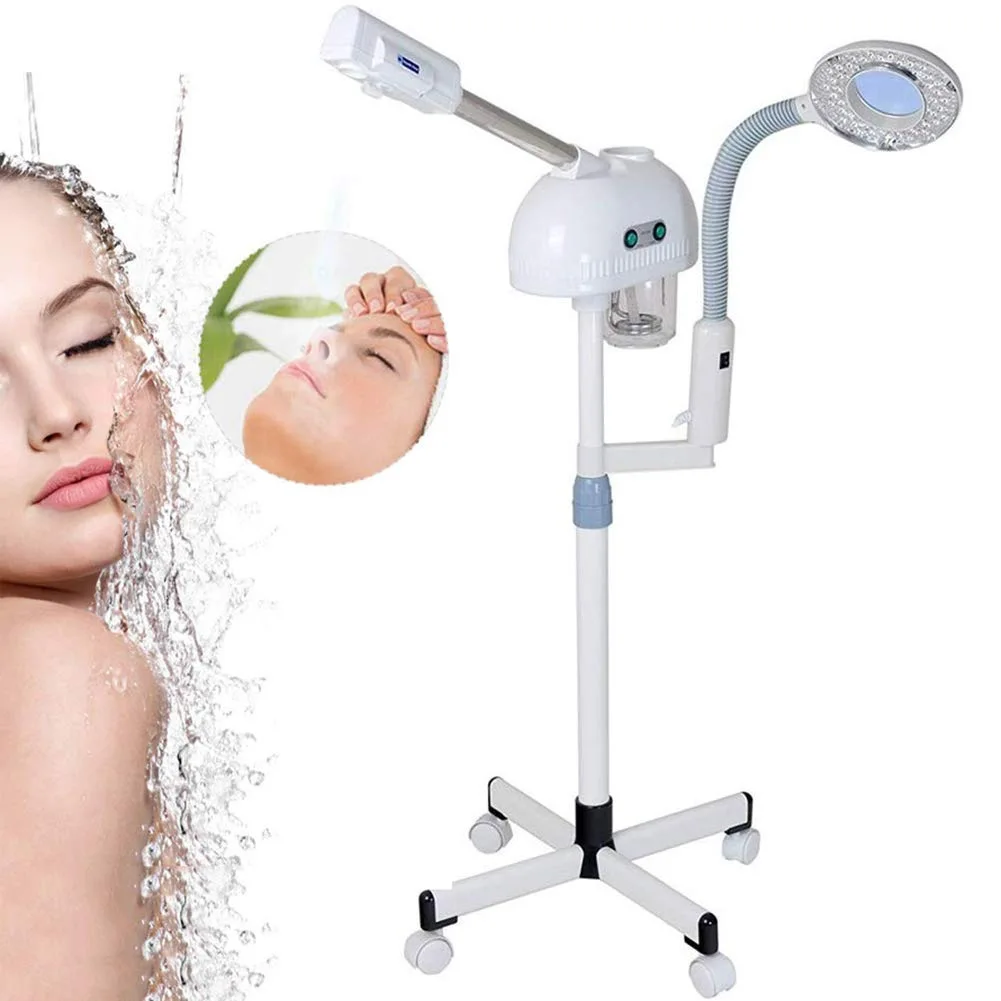 Beauty 2 in 1 Glass Cup Heating Steamer with LED Magnifying Lamp Salon Spa Oxygen Jet Facial Machine