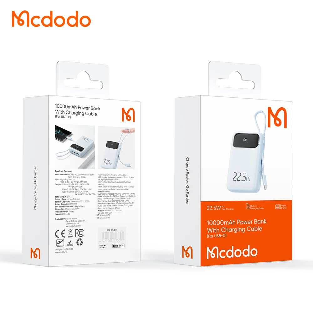 Quick Charge Power Bank With Type-C Fast Charge Cable Support VOOC SCP AFC QC 22.5W 20W PD USB-C PowerBank 10000mAh for Android