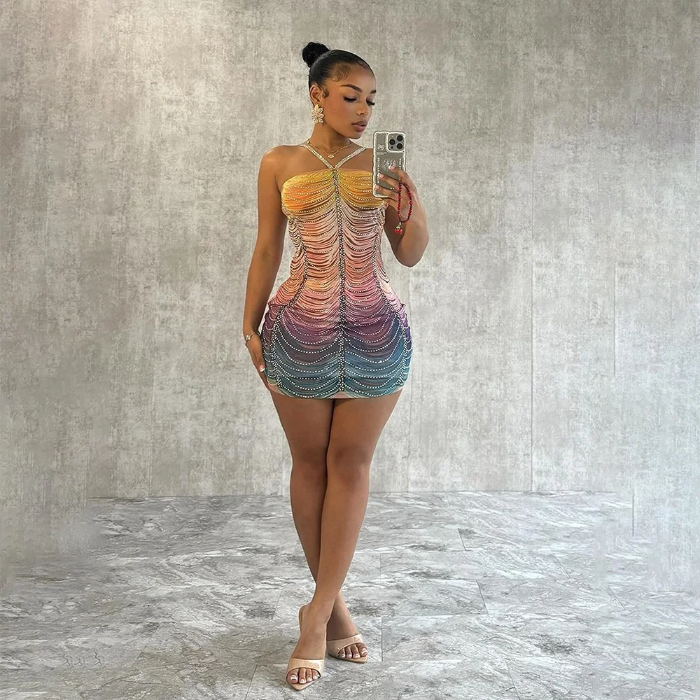 bodycon rainbow dress Horoscopez Rainbow Dotted Print Mesh Bodycon Dress main image 0