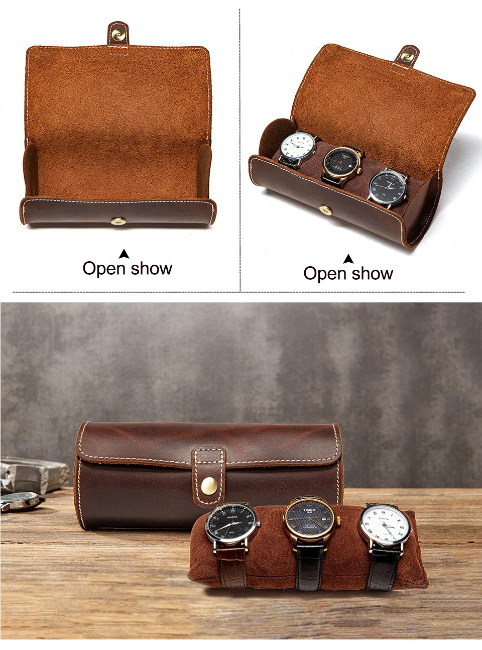 Genuine Leather Travel Watch Case Roll Organizer Classic 3watches Case