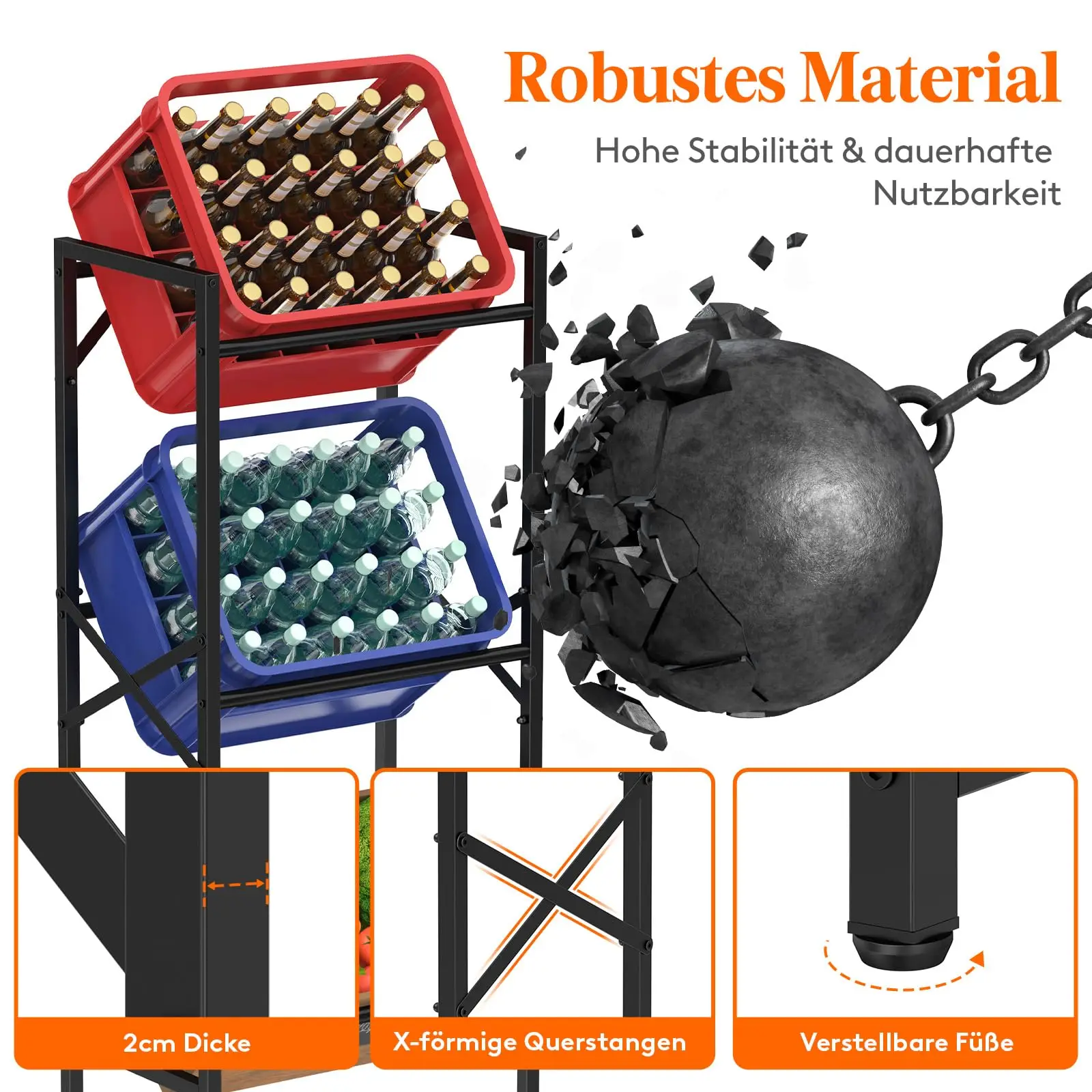 3-Crate Beverage Rack Black Metal Box Holder 150KG Load Capacity Stable ...