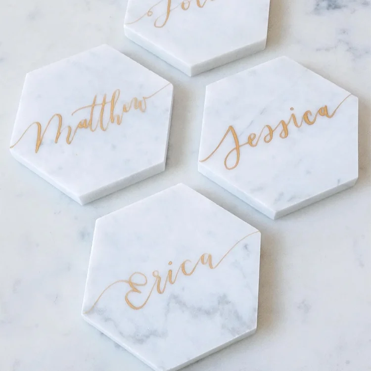 product hot selling customized logo beautiful marble craft pure carrara white marble hexagon coaster-4